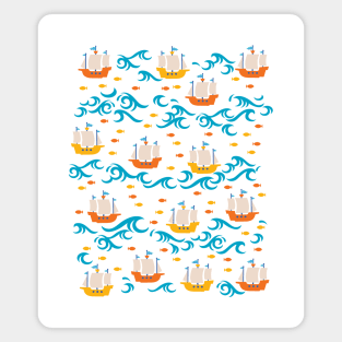 Oceanic Adventure: Yellow and Red Sailing Ships with Fish Magnet